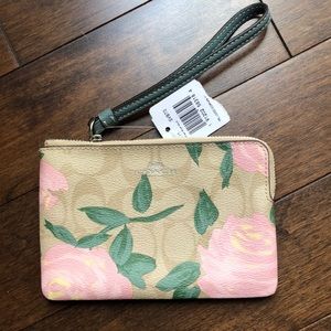 Coach Blush and Khaki Floral Corner Zip Wristlet